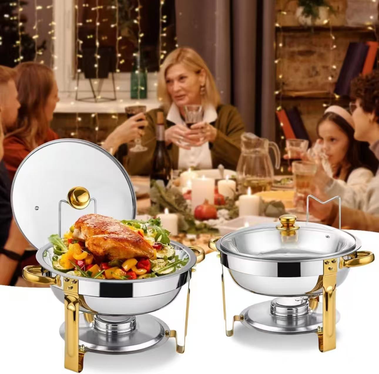 NEWBEEW 8QT Gold Chafing Dishes for Buffet with Glass Lid , Round Chafers and Buffet Warmers Set with Mirror-Polished Stainless Steel, Rolled Rim, Stackable, Lid Holder for Parties, Weddings, Easter, Gatherings (2/4 Packļ¼