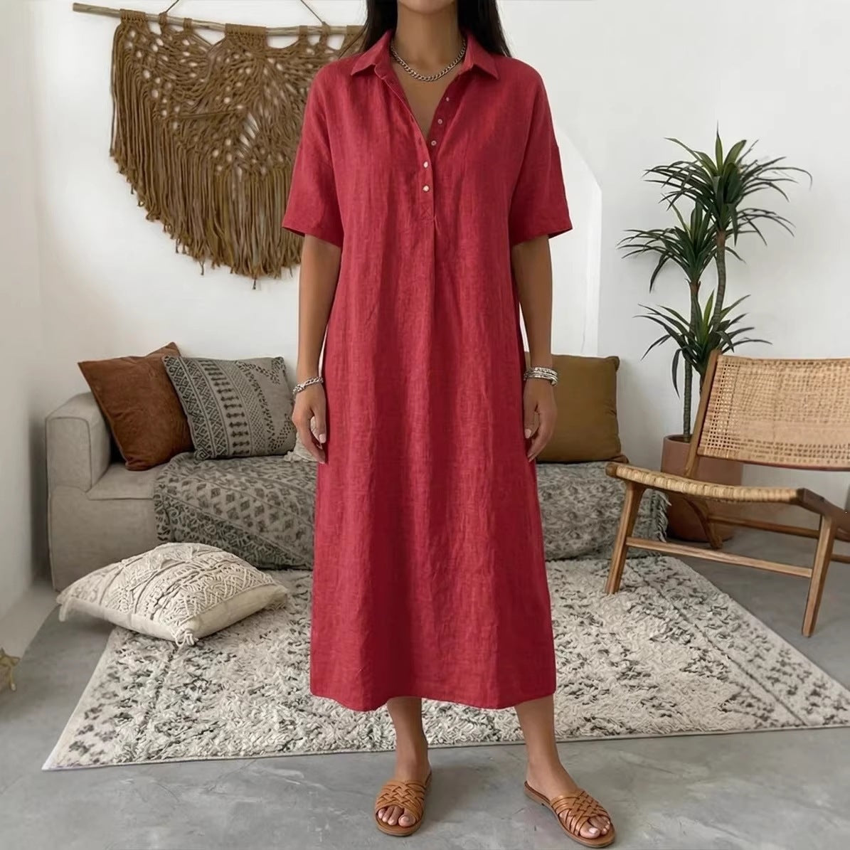 Women's Casual Linen Blend Shirt Dress