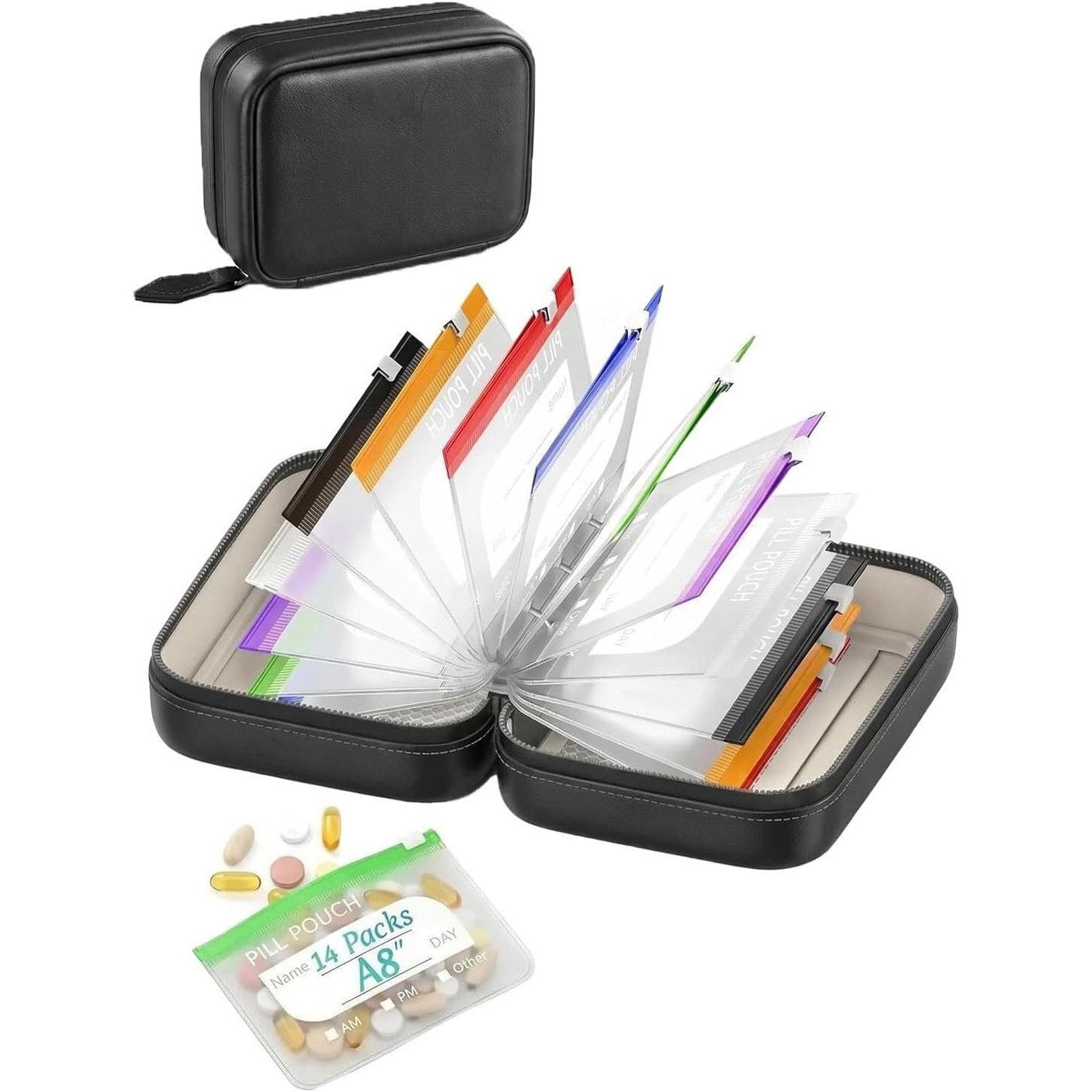 ๐ A8 Waterproof 14 Color-Coded Pill Pouches Organizer โ Portable Binder-Style Weekly Travel Medicine Storage Case for Pills, Vitamins & Supplements