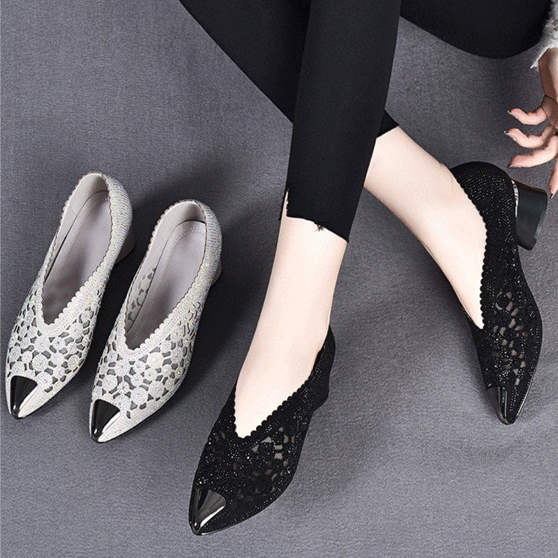 Hollow Mesh Rhinestone Chunky Heel Sandals