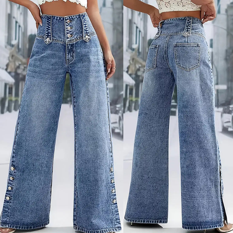 💎 50% OFF! 💎 Women’s High-Waist Wide-Leg Jeans 2026 – Side Slits, Stretch Denim & Retro Button Detail 👖✨