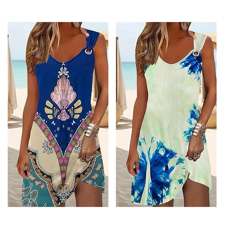 Summer Fashion Elegant Striped Ethnic Print Sleeveless V Neck Loose Fit Plus Size Women's Dress, Casual Wear, Casual Style Natural Waist