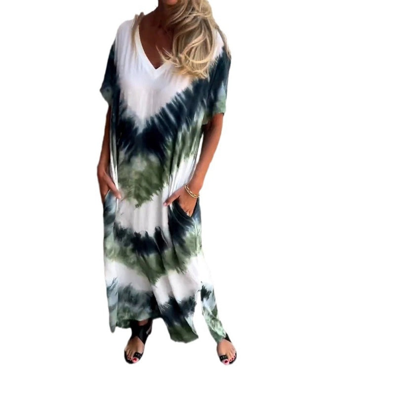 ๐ FLASH SALE 50% OFF ! ๐ Casual Loose Printed V-Neck Long Dress โ Polyester โ Lightweight & Split Hem for Summer