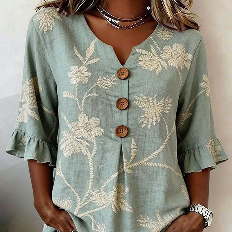 ๐ Women's Summer Floral Top with Ruffle Sleeve โ Lightweight V-Neck Blouse with Cascade Ruffle Detail