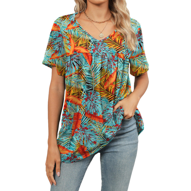Women's V Neck Printed T-Shirt Casual Short Sleeve Pleated Top