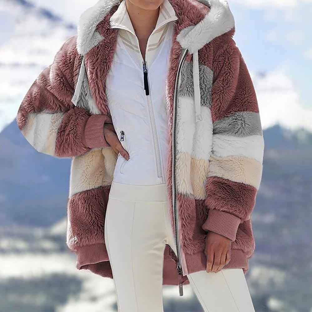 🎁Hot Sale 49% OFF⏳Women's Winter Plush Hooded Colorblock Jacket with Pockets