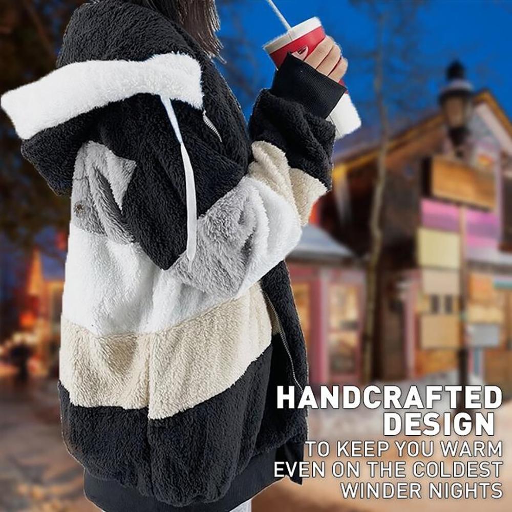 🎁Hot Sale 49% OFF⏳Women's Winter Plush Hooded Colorblock Jacket with Pockets