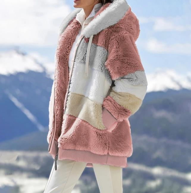 🎁Hot Sale 49% OFF⏳Women's Winter Plush Hooded Colorblock Jacket with Pockets
