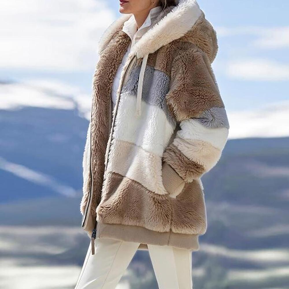 🎁Hot Sale 49% OFF⏳Women's Winter Plush Hooded Colorblock Jacket with Pockets