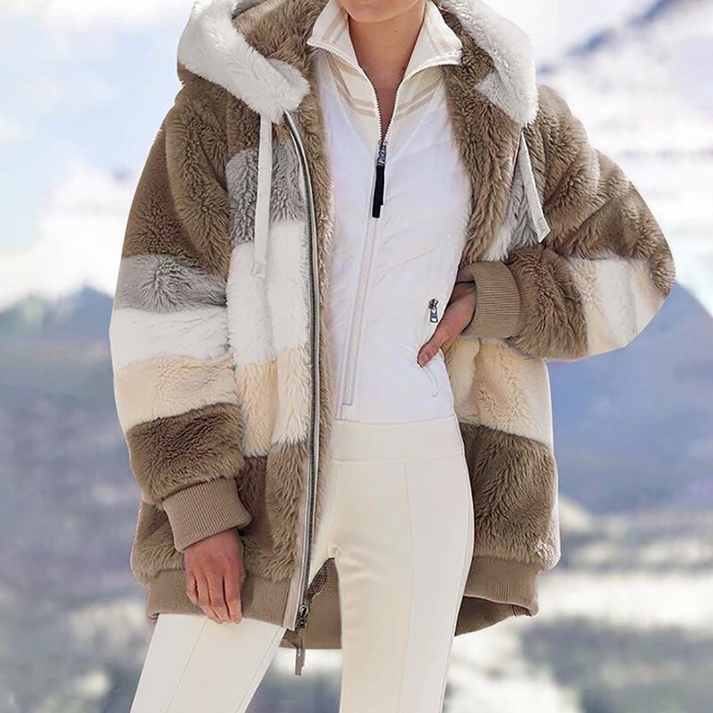 🎁Hot Sale 49% OFF⏳Women's Winter Plush Hooded Colorblock Jacket with Pockets