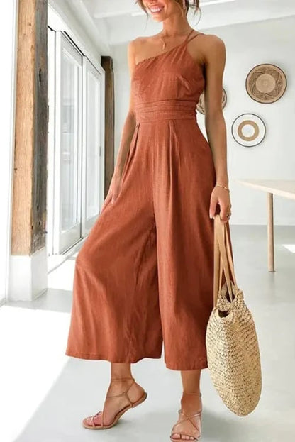 🎁Hot Sale 49% OFF⏳Women's Summer Straps One Shoulder Pleated High Waist Casual Wide Leg Jumpsuit Romper with Pockets