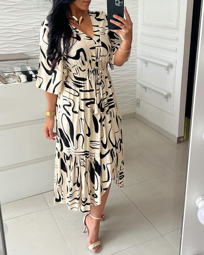 🔥Buy 2 get 15% off🔥V-Neck Waist Ink Print Dress