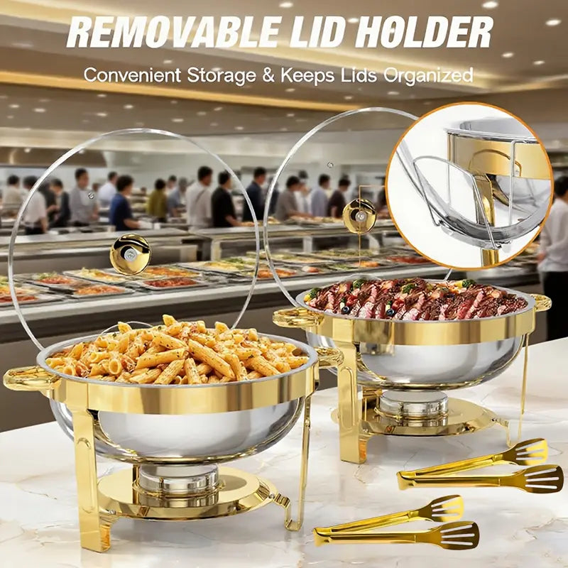 NEWBEEW 8QT Gold Chafing Dishes for Buffet with Glass Lid , Round Chafers and Buffet Warmers Set with Mirror-Polished Stainless Steel, Rolled Rim, Stackable, Lid Holder for Parties, Weddings, Easter, Gatherings (2/4 Pack）