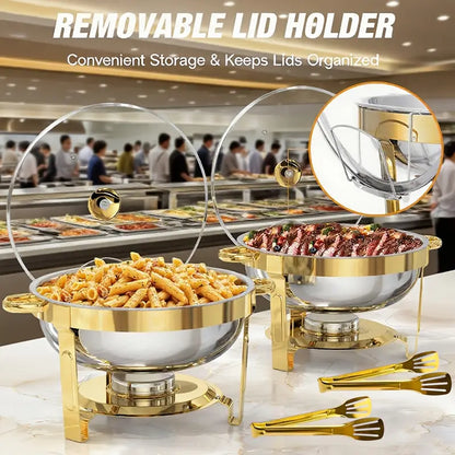 NEWBEEW 8QT Gold Chafing Dishes for Buffet with Glass Lid , Round Chafers and Buffet Warmers Set with Mirror-Polished Stainless Steel, Rolled Rim, Stackable, Lid Holder for Parties, Weddings, Easter, Gatherings (2/4 Pack）