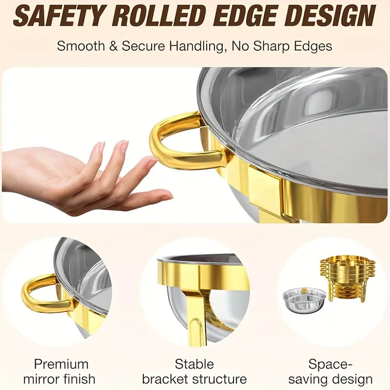NEWBEEW 8QT Gold Chafing Dishes for Buffet with Glass Lid , Round Chafers and Buffet Warmers Set with Mirror-Polished Stainless Steel, Rolled Rim, Stackable, Lid Holder for Parties, Weddings, Easter, Gatherings (2/4 Pack）