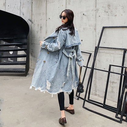 🔥FREE SHIPPING🔥Art Light Blue Lapel Double Breast Denim Trench Coats Fall - newbeew