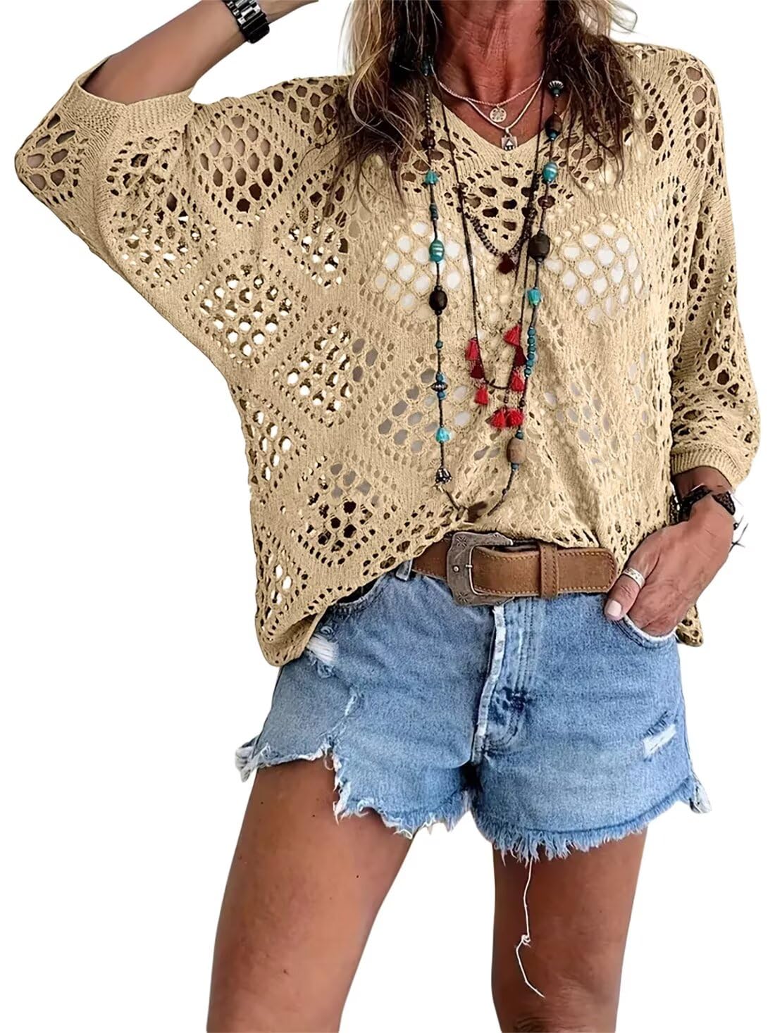 🔥Hot Sale-Women's Boho Crochet Tops V Neck Hollow Out Knit Shirts