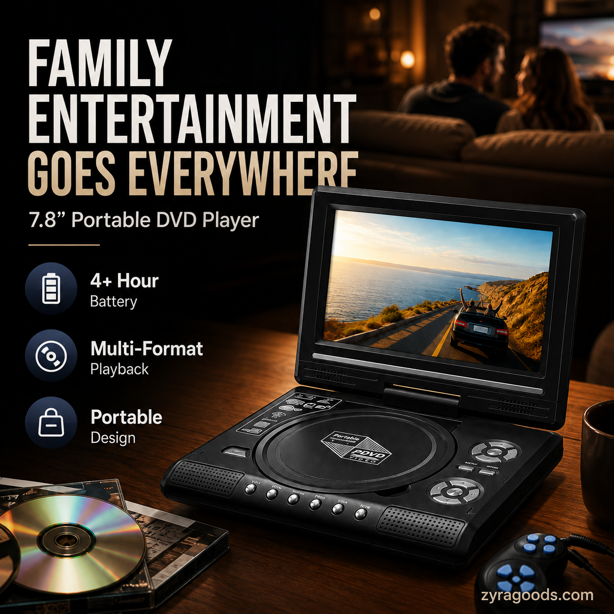 📺 7.8" HD Portable DVD/EVD Player – Large Screen, Rechargeable & Compatible with DVD/CD/USB/SD – Perfect for Home & Travel