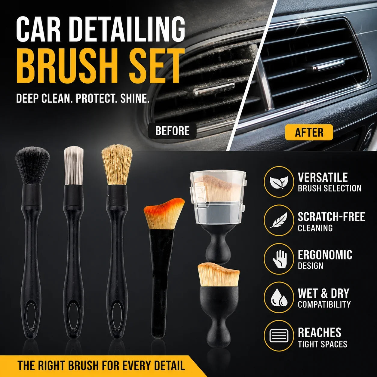 🚗🧹 Car Detailing Brush Set – Soft Interior Cleaning Brushes for Air Vents, Dashboard, Wheels & Tight Spaces