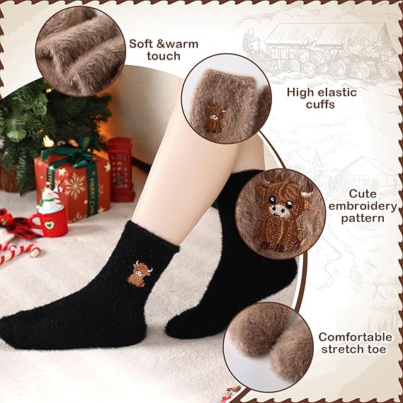 🔥Women's Cute Warm Highland Cow Embroidered Plush Socks