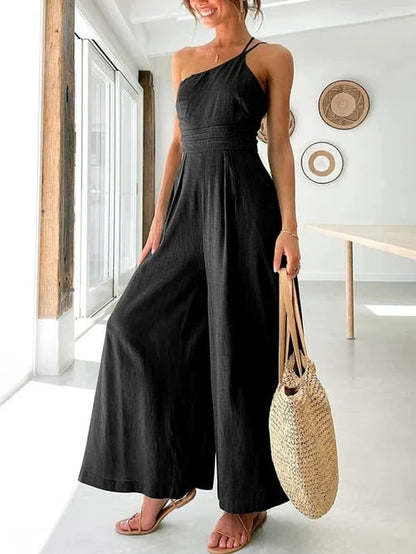 🎁Hot Sale 49% OFF⏳Women's Summer Straps One Shoulder Pleated High Waist Casual Wide Leg Jumpsuit Romper with Pockets