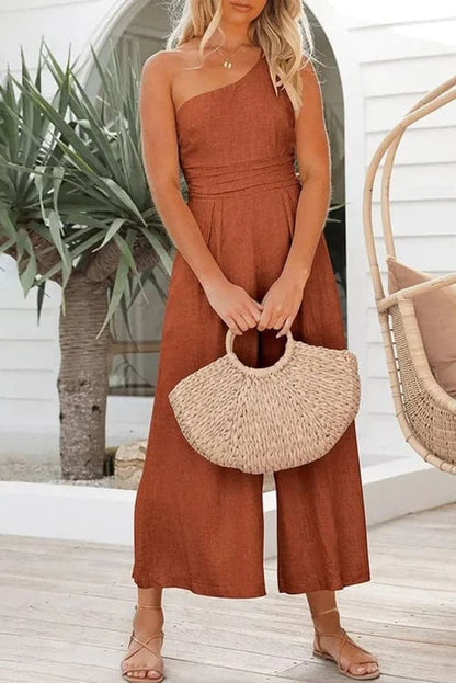 🎁Hot Sale 49% OFF⏳Women's Summer Straps One Shoulder Pleated High Waist Casual Wide Leg Jumpsuit Romper with Pockets