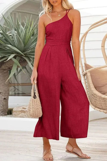 🎁Hot Sale 49% OFF⏳Women's Summer Straps One Shoulder Pleated High Waist Casual Wide Leg Jumpsuit Romper with Pockets