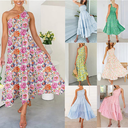 🎁New Year Sale 49% OFF⏳Women's 2024 Summer Bohemian One Shoulder Sleeveless Smocked Ruffle Tiered Beach Maxi Sun Dress