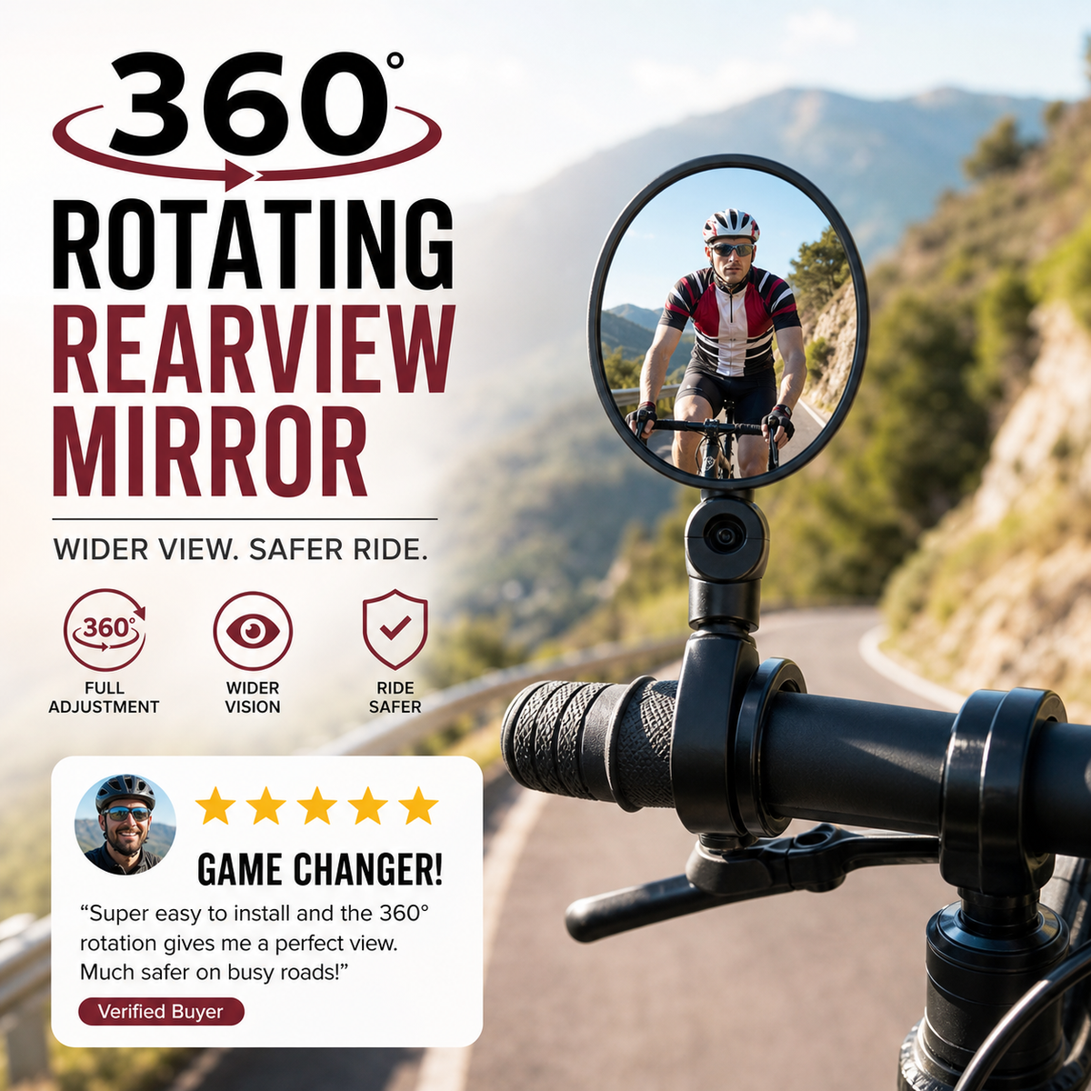 🥳2026 HOT SALE🥳💞50K+ SOLD!🚲🔍 50% OFF! 360° Rotating Rearview Mirror – Clear view behind, no more neck twisting. Fits bikes, e‑bikes & motorcycles. Tool‑free silicone strap! 🛡️✨
