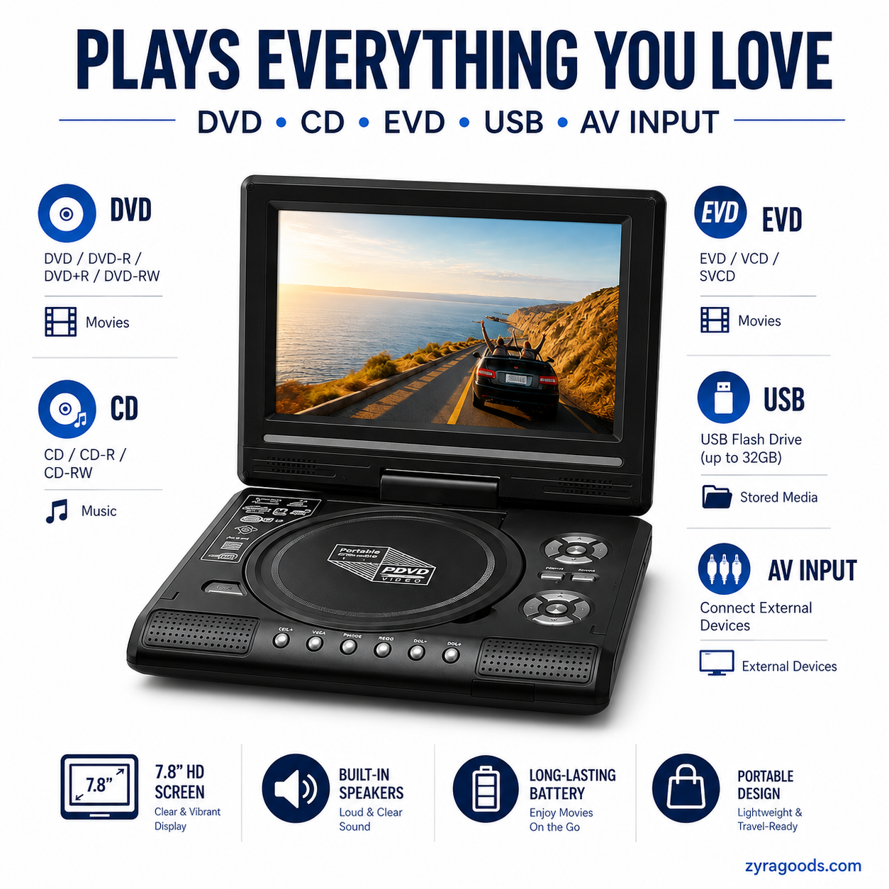 📺 7.8" HD Portable DVD/EVD Player – Large Screen, Rechargeable & Compatible with DVD/CD/USB/SD – Perfect for Home & Travel