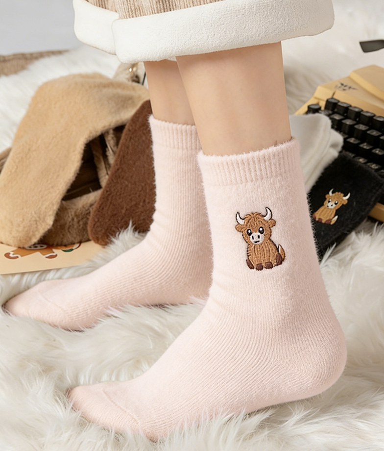🔥Women's Cute Warm Highland Cow Embroidered Plush Socks