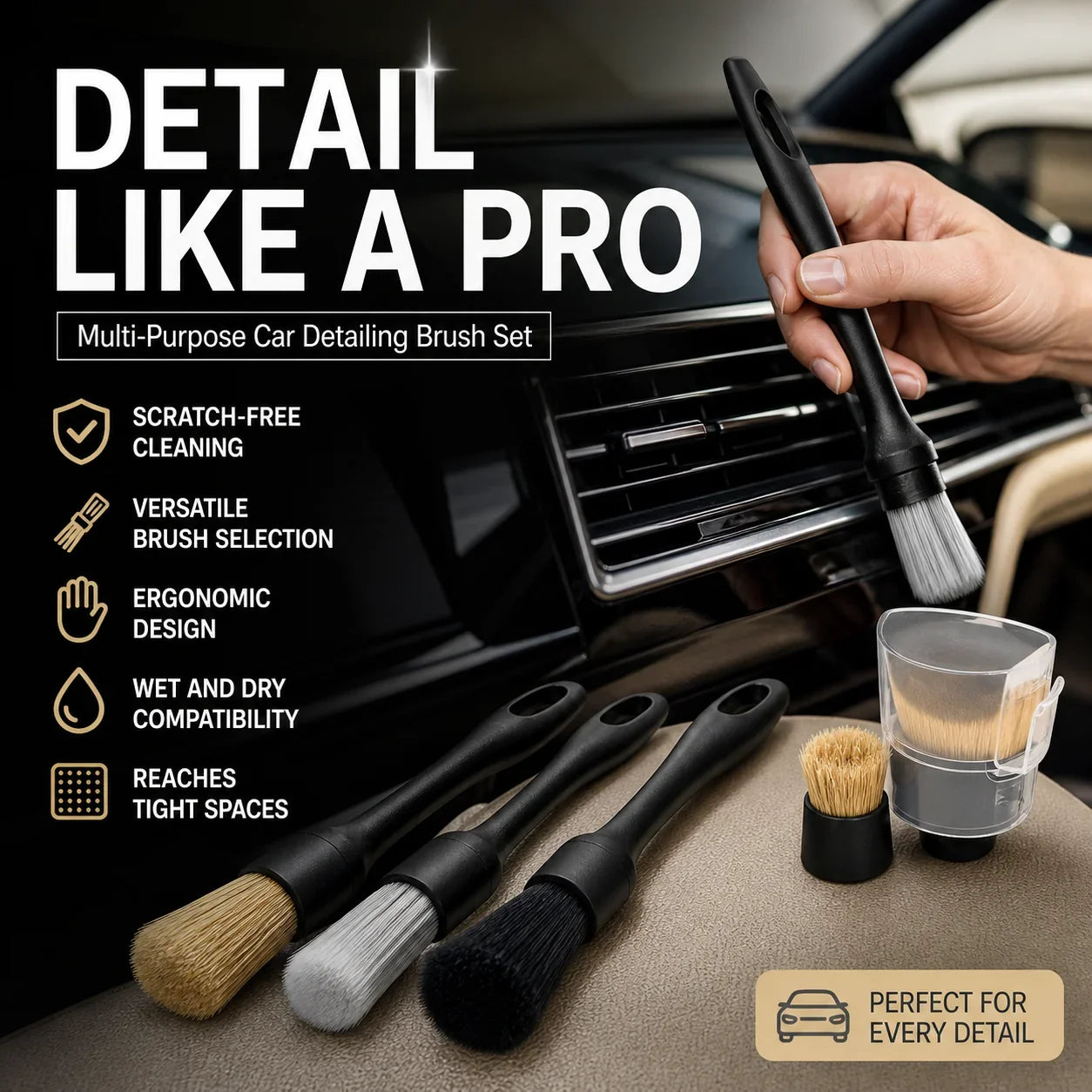 🚗🧹 Car Detailing Brush Set – Soft Interior Cleaning Brushes for Air Vents, Dashboard, Wheels & Tight Spaces