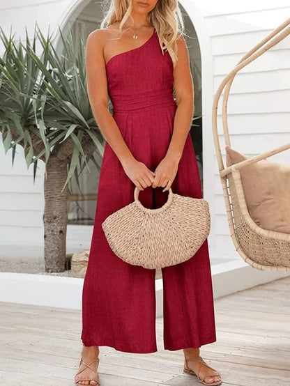 🎁Hot Sale 49% OFF⏳Women's Summer Straps One Shoulder Pleated High Waist Casual Wide Leg Jumpsuit Romper with Pockets