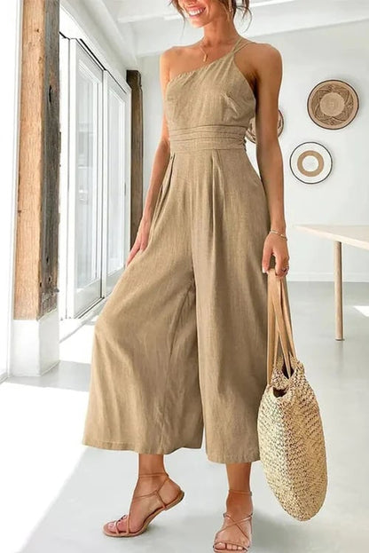 🎁Hot Sale 49% OFF⏳Women's Summer Straps One Shoulder Pleated High Waist Casual Wide Leg Jumpsuit Romper with Pockets