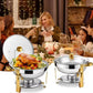 NEWBEEW 8QT Gold Chafing Dishes for Buffet with Glass Lid , Round Chafers and Buffet Warmers Set with Mirror-Polished Stainless Steel, Rolled Rim, Stackable, Lid Holder for Parties, Weddings, Easter, Gatherings (2/4 Pack）