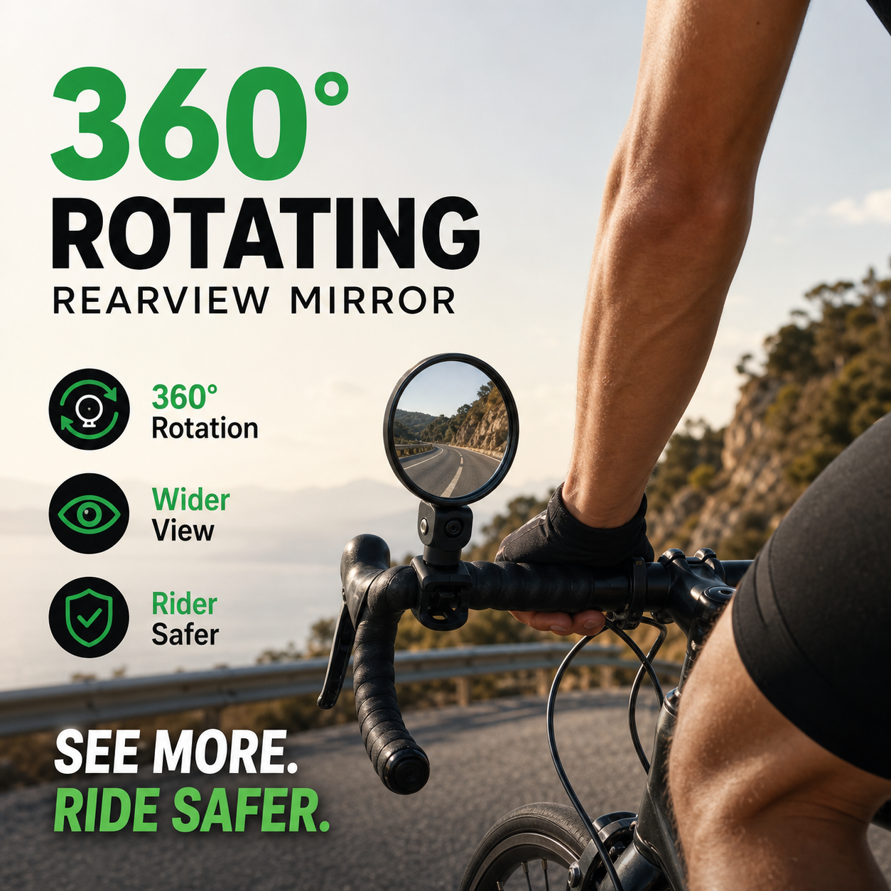 🥳2026 HOT SALE🥳💞50K+ SOLD!🚲🔍 50% OFF! 360° Rotating Rearview Mirror – Clear view behind, no more neck twisting. Fits bikes, e‑bikes & motorcycles. Tool‑free silicone strap! 🛡️✨