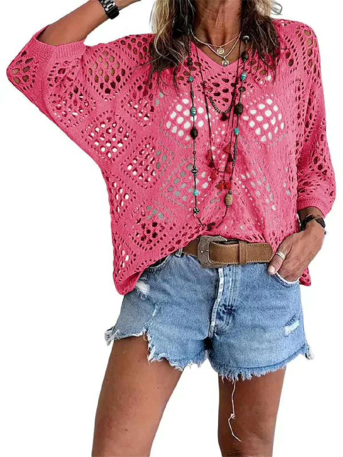 🔥Hot Sale-Women's Boho Crochet Tops V Neck Hollow Out Knit Shirts