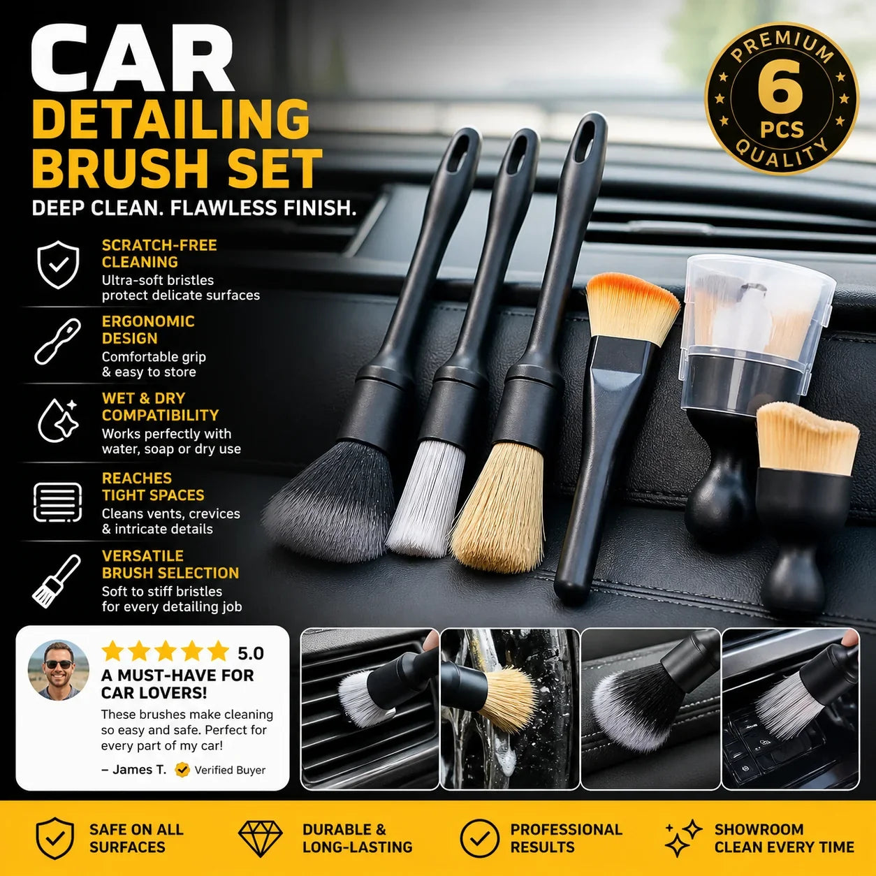 🚗🧹 Car Detailing Brush Set – Soft Interior Cleaning Brushes for Air Vents, Dashboard, Wheels & Tight Spaces