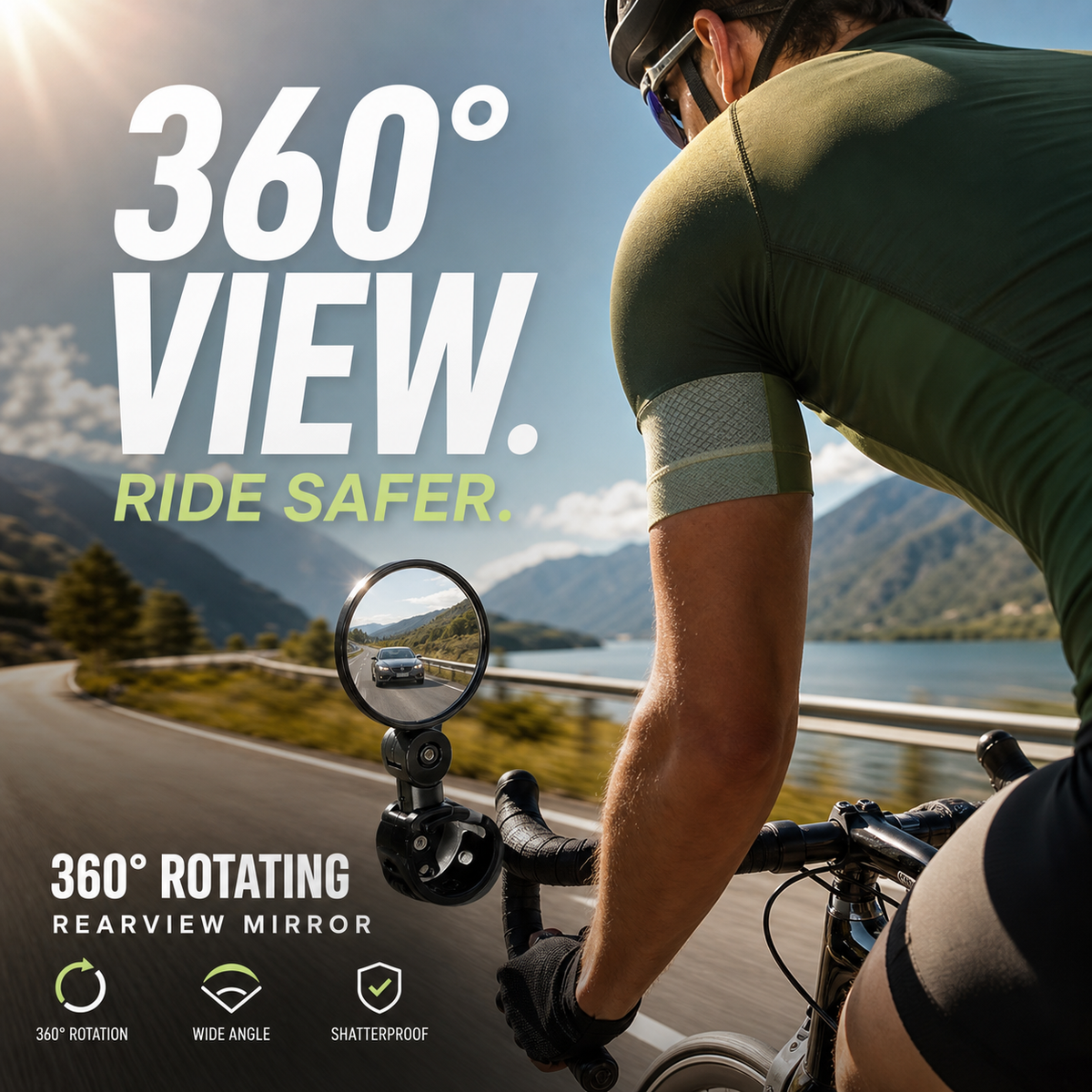 🥳2026 HOT SALE🥳💞50K+ SOLD!🚲🔍 50% OFF! 360° Rotating Rearview Mirror – Clear view behind, no more neck twisting. Fits bikes, e‑bikes & motorcycles. Tool‑free silicone strap! 🛡️✨