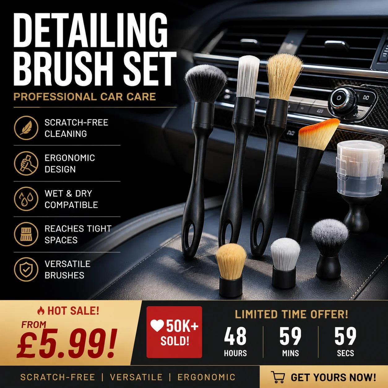 🚗🧹 Car Detailing Brush Set – Soft Interior Cleaning Brushes for Air Vents, Dashboard, Wheels & Tight Spaces