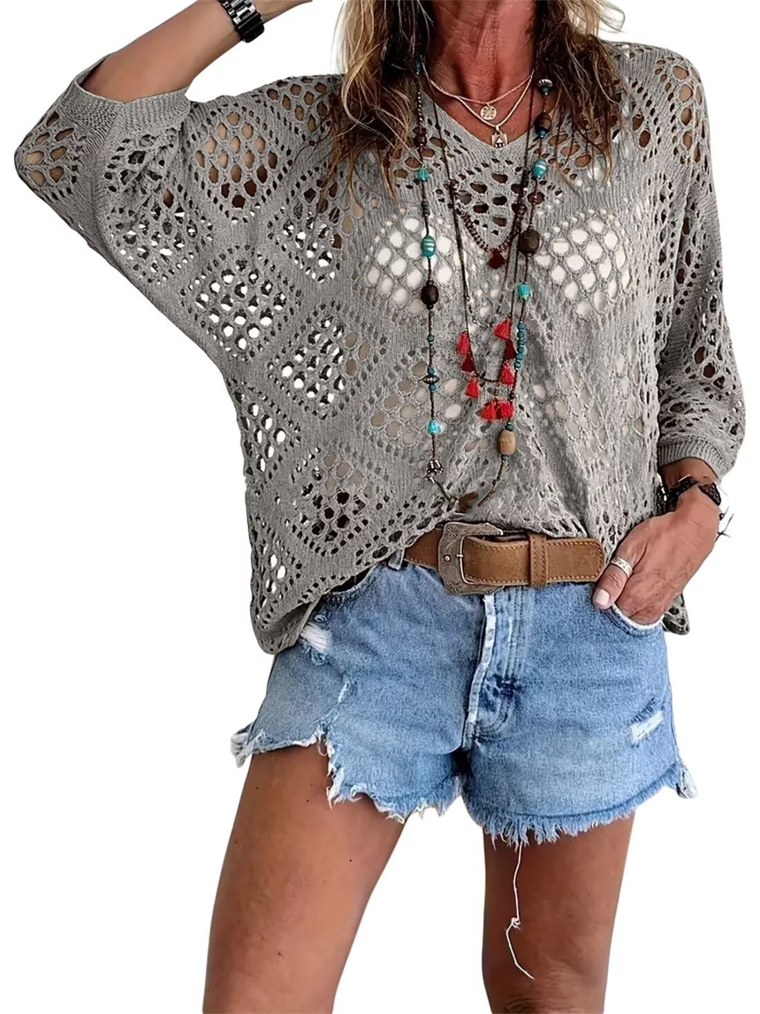 🔥Hot Sale-Women's Boho Crochet Tops V Neck Hollow Out Knit Shirts