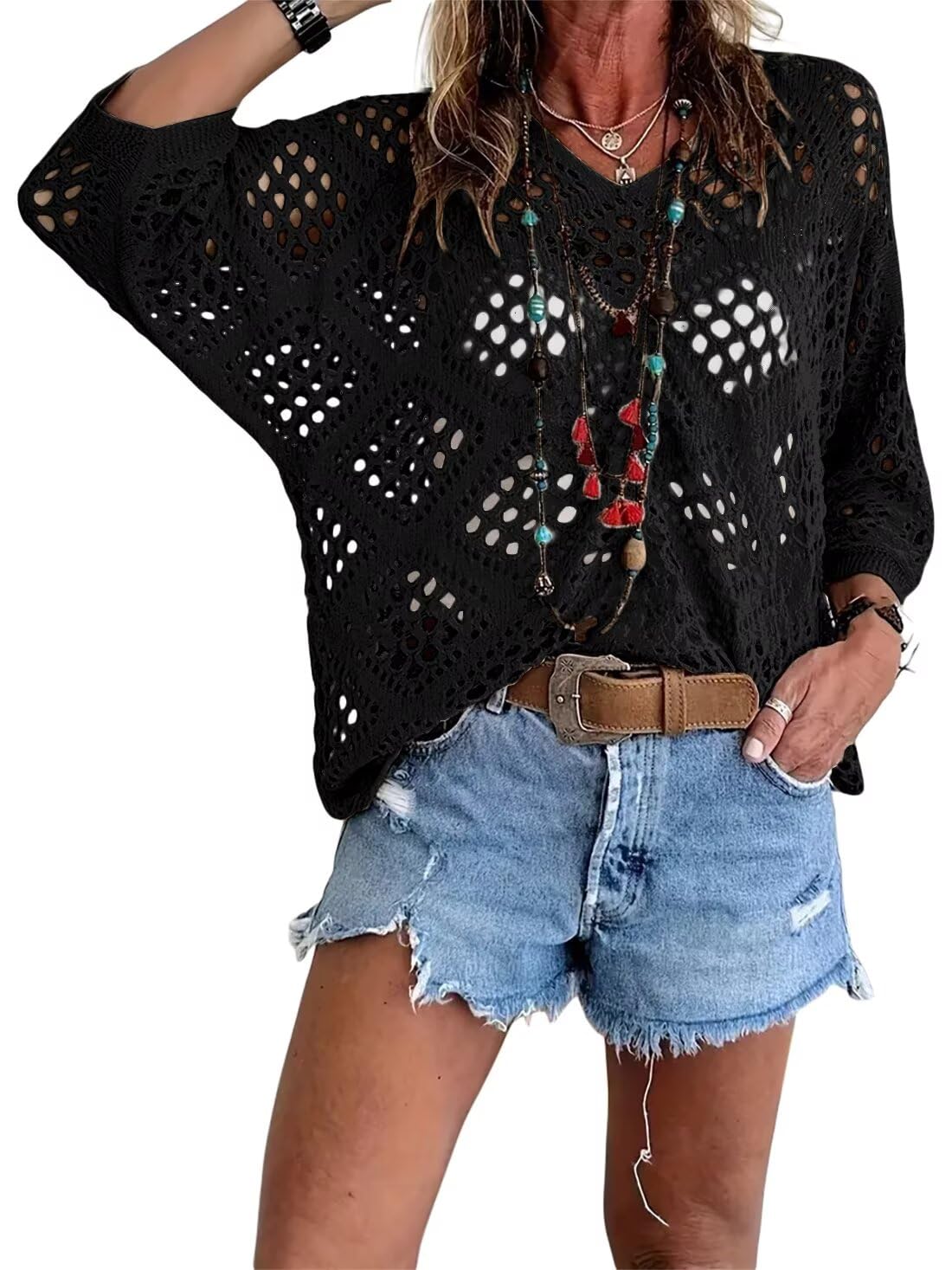 🔥Hot Sale-Women's Boho Crochet Tops V Neck Hollow Out Knit Shirts