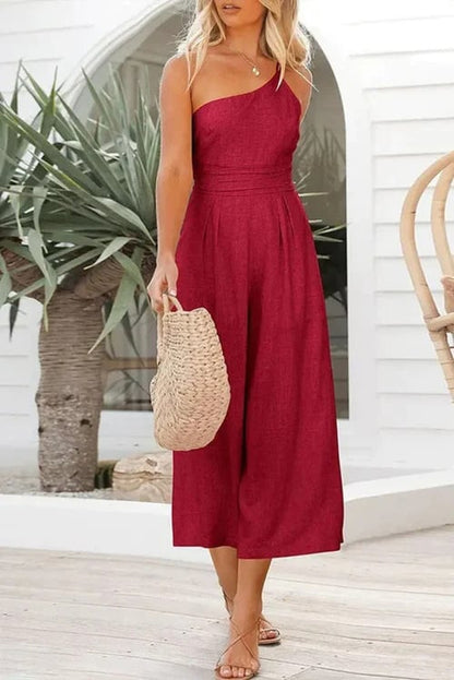 🎁Hot Sale 49% OFF⏳Women's Summer Straps One Shoulder Pleated High Waist Casual Wide Leg Jumpsuit Romper with Pockets