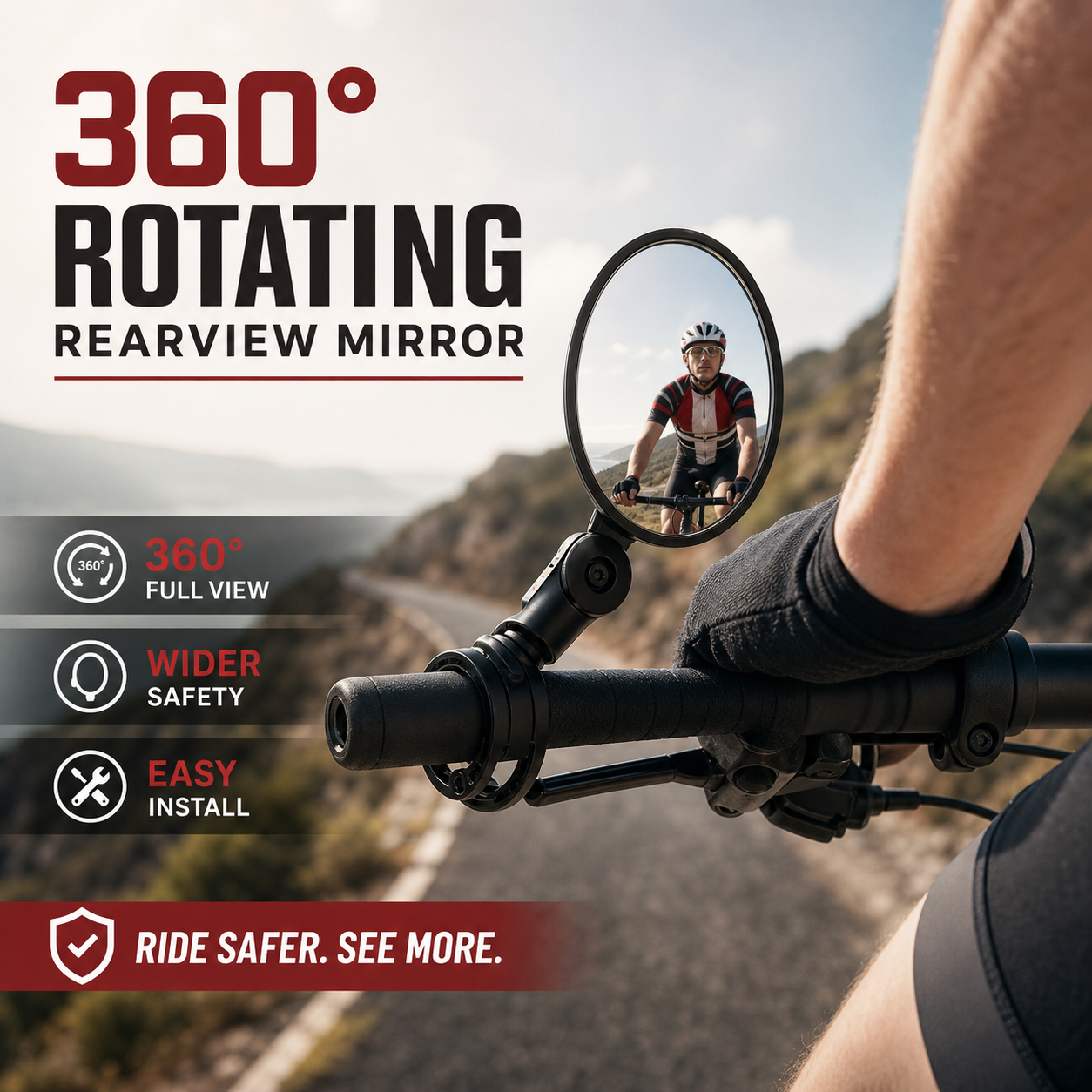 🥳2026 HOT SALE🥳💞50K+ SOLD!🚲🔍 50% OFF! 360° Rotating Rearview Mirror – Clear view behind, no more neck twisting. Fits bikes, e‑bikes & motorcycles. Tool‑free silicone strap! 🛡️✨