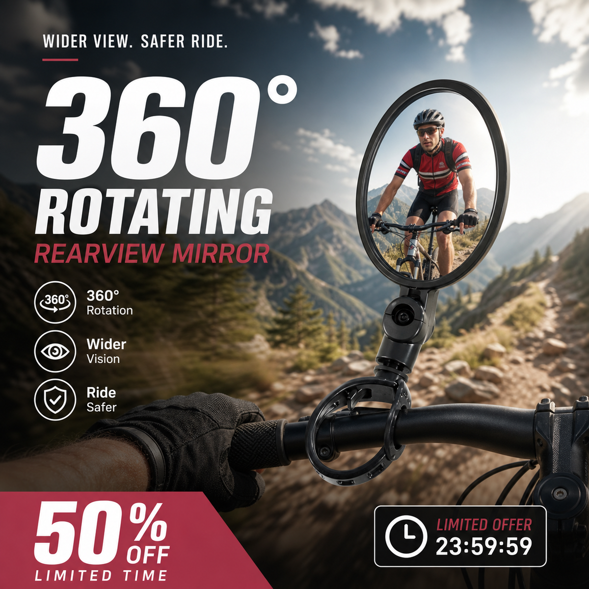 🥳2026 HOT SALE🥳💞50K+ SOLD!🚲🔍 50% OFF! 360° Rotating Rearview Mirror – Clear view behind, no more neck twisting. Fits bikes, e‑bikes & motorcycles. Tool‑free silicone strap! 🛡️✨