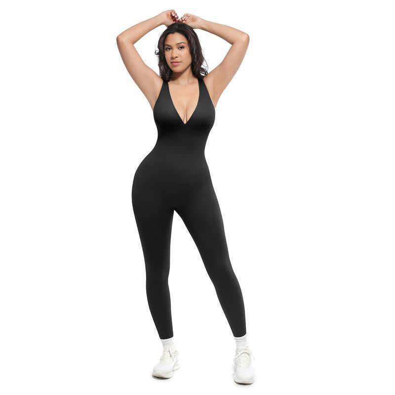 High-Stretch V-Neck Jumpsuit for Fitness & Yoga