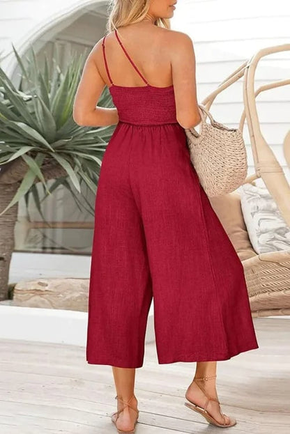 🎁Hot Sale 49% OFF⏳Women's Summer Straps One Shoulder Pleated High Waist Casual Wide Leg Jumpsuit Romper with Pockets