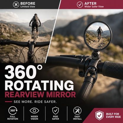 🥳2026 HOT SALE🥳💞50K+ SOLD!🚲🔍 50% OFF! 360° Rotating Rearview Mirror – Clear view behind, no more neck twisting. Fits bikes, e‑bikes & motorcycles. Tool‑free silicone strap! 🛡️✨