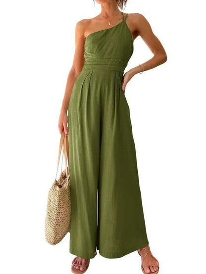 🎁Hot Sale 49% OFF⏳Women's Summer Straps One Shoulder Pleated High Waist Casual Wide Leg Jumpsuit Romper with Pockets