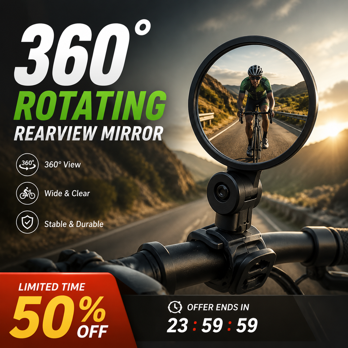 🥳2026 HOT SALE🥳💞50K+ SOLD!🚲🔍 50% OFF! 360° Rotating Rearview Mirror – Clear view behind, no more neck twisting. Fits bikes, e‑bikes & motorcycles. Tool‑free silicone strap! 🛡️✨